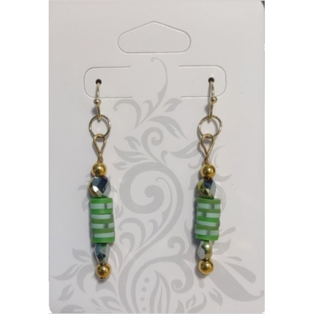 Verdant Stripes – Green and Gold Artisan Beaded Earrings